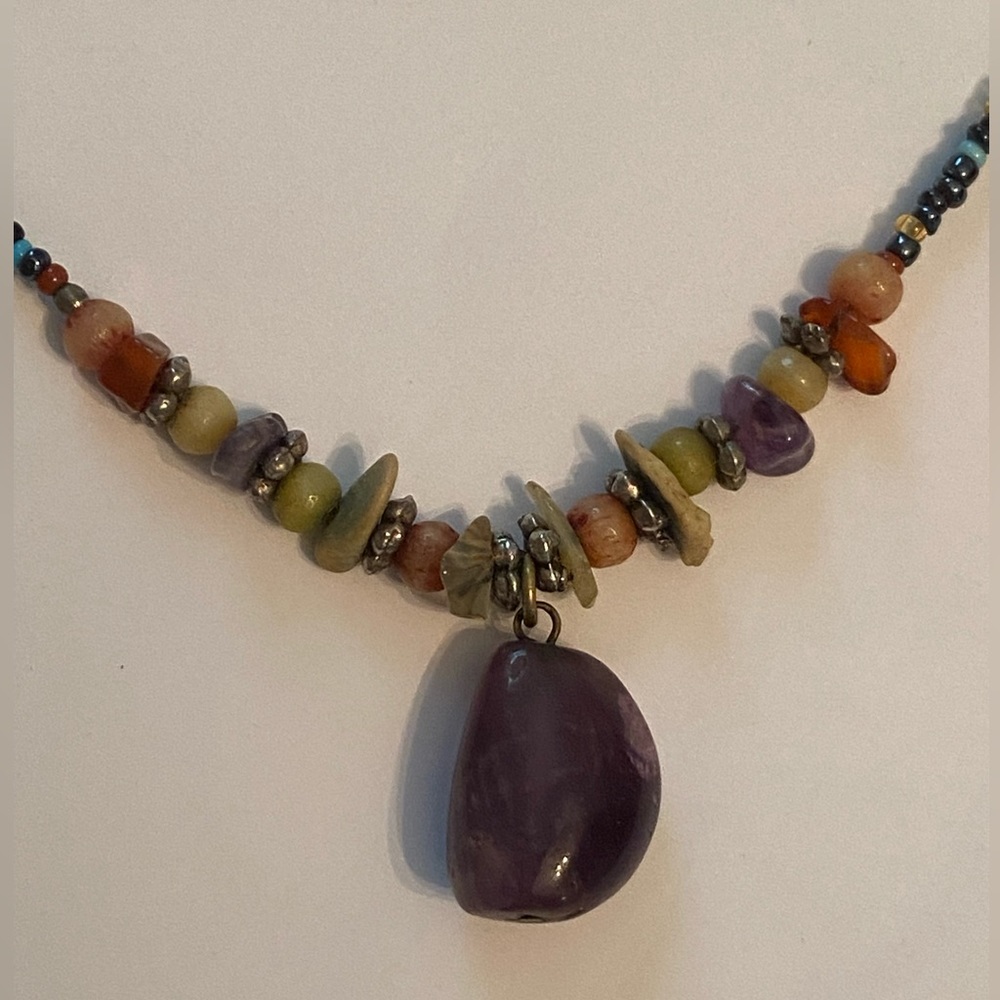 90’s vintage, bohemian, multicolored beaded necklace with purple stone. 16”-18”.